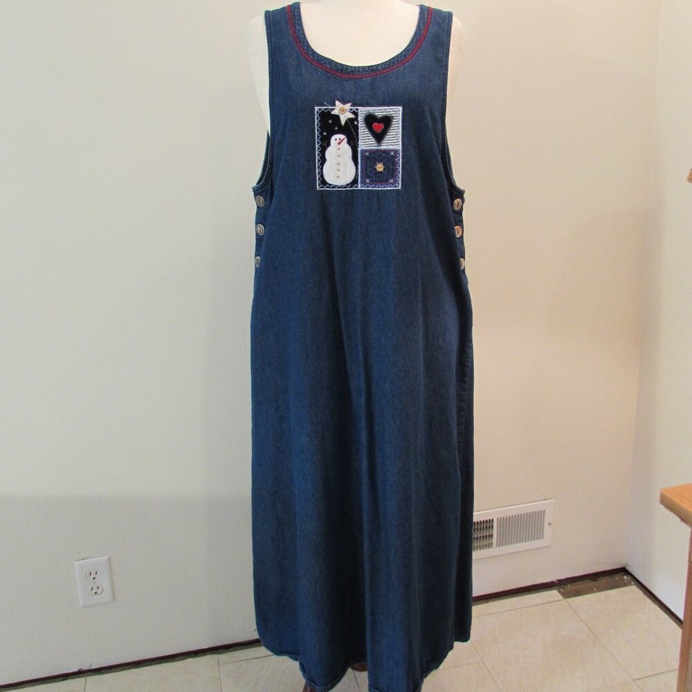 Vintage White Stag Patchwork Snowman Cotton Denim Jumper Maxi Dress XL